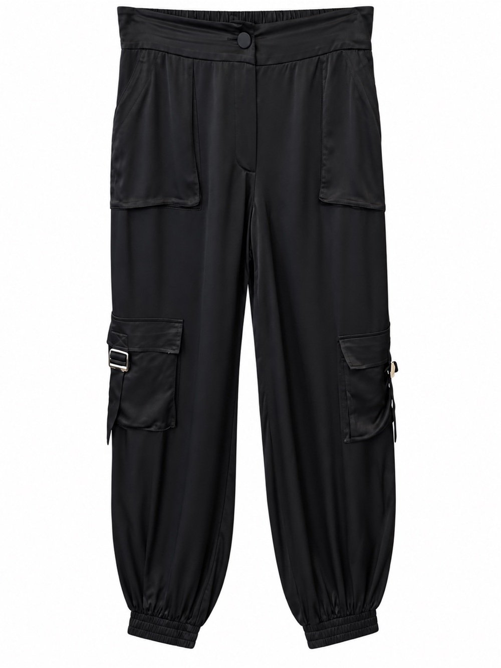 Karen Millen Viscose Satin Buckle Cargo Utility Jogger Pants Black US 8